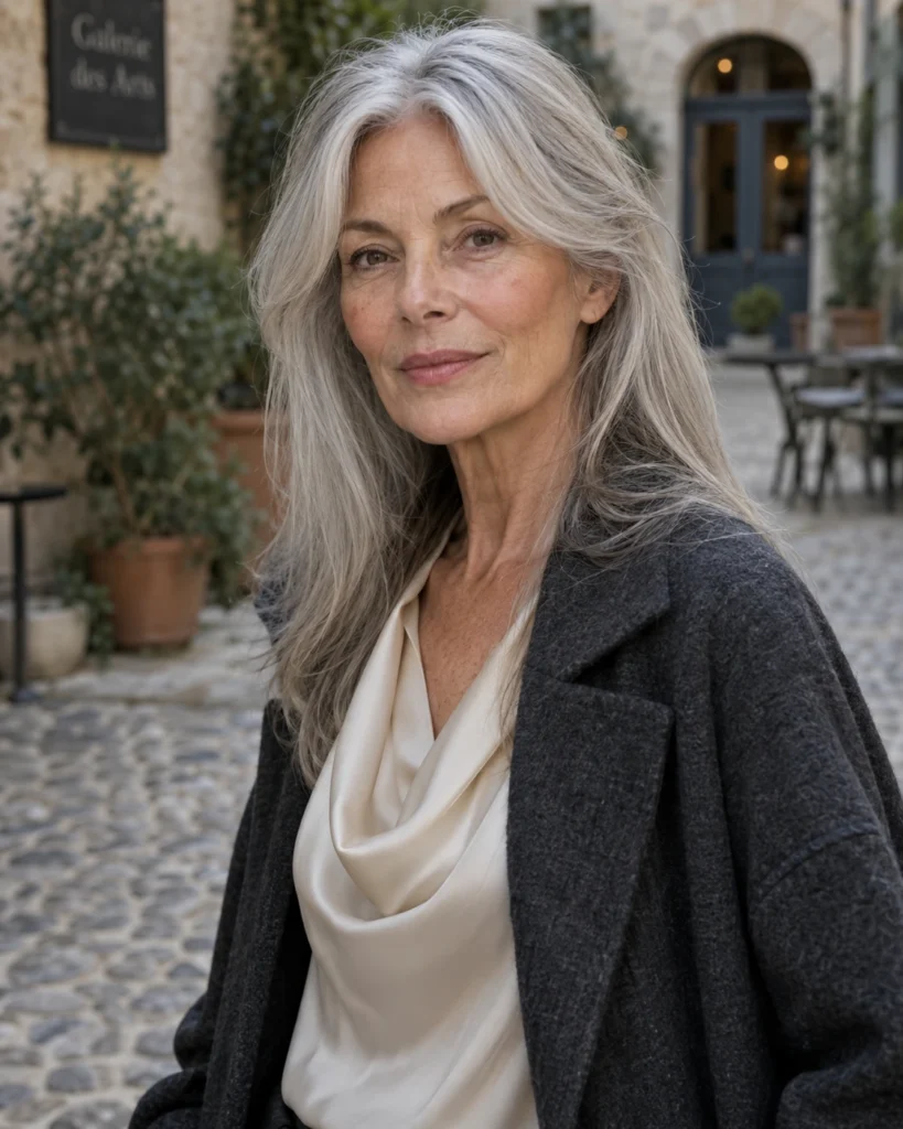 Long Silver Layers with Feathered Curtain Bangs
