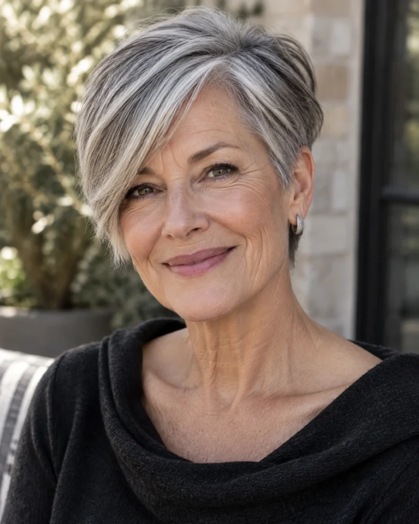 The Tapered Silver Crop with Side-Swept Bangs
