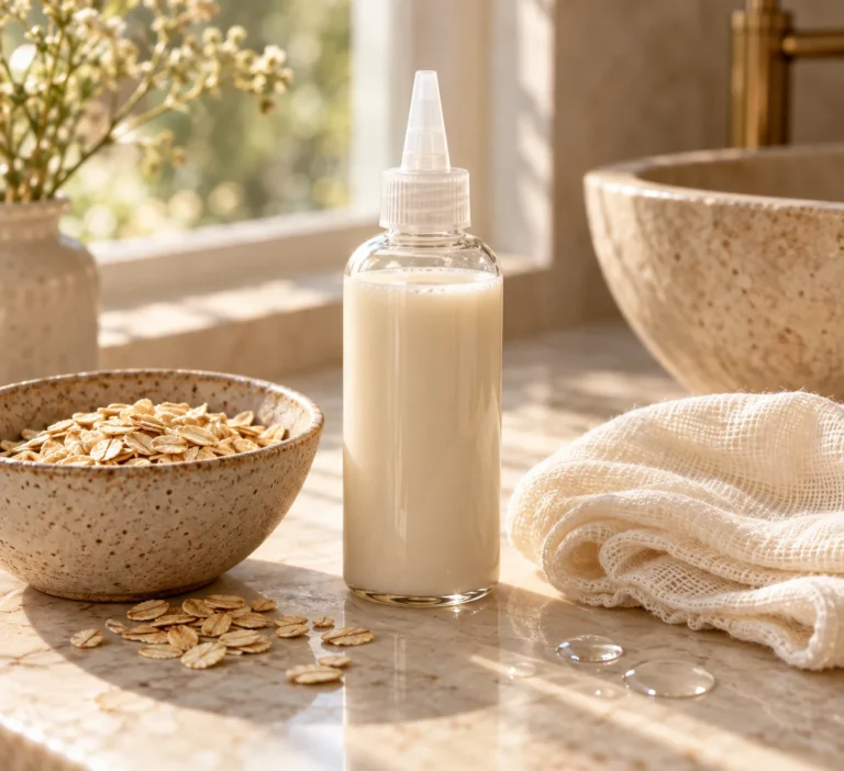 DIY oat milk hair rinse in a glass nozzle bottle beside rolled oats for soothing sensitive, itchy scalp