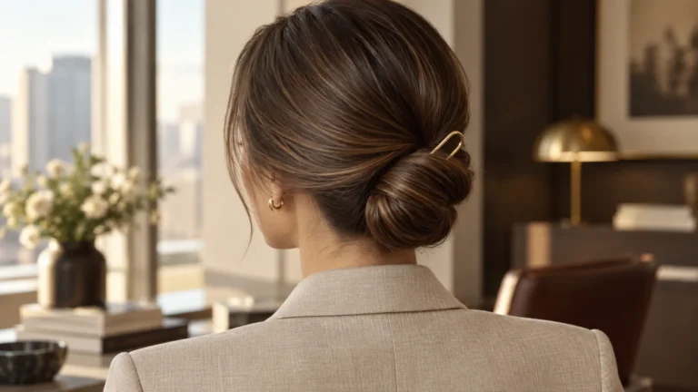 easy low chignon bun for work pinned at the nape without hairspray